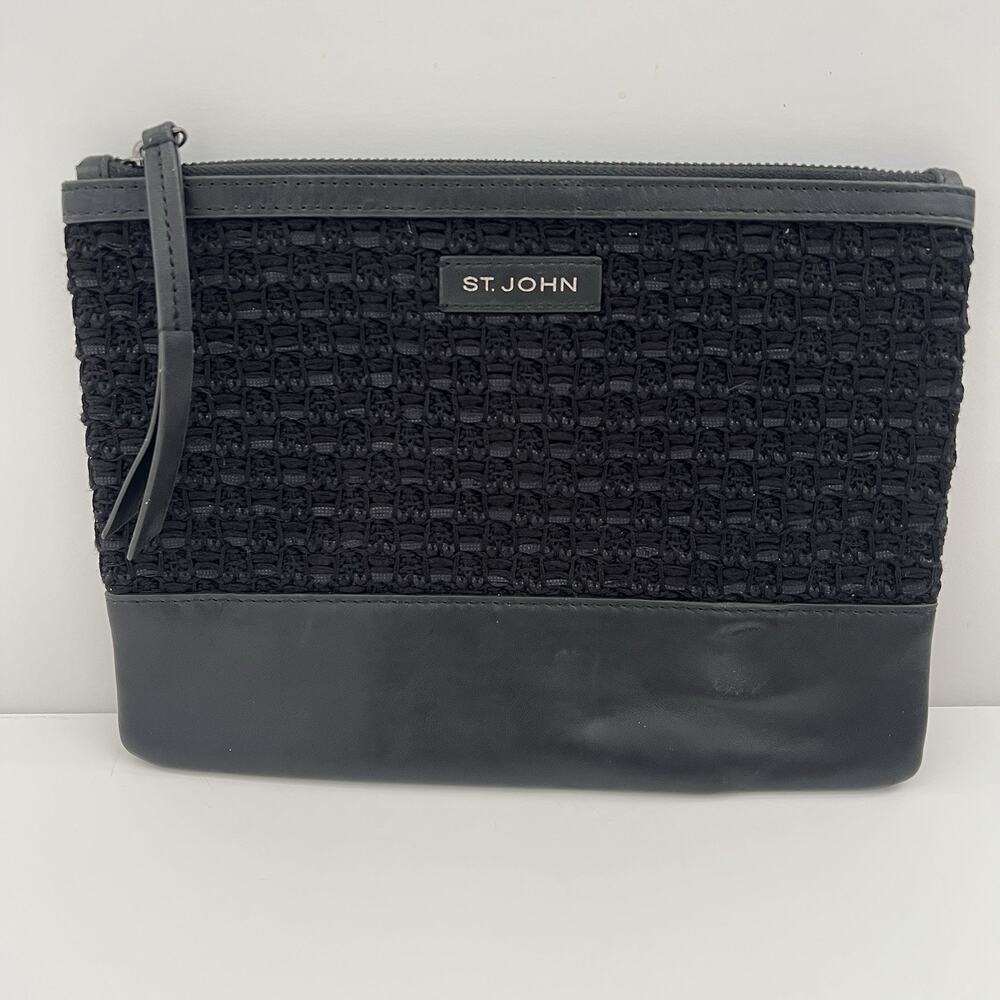 St. John Knits Caviar Black Woven Knit Leather Trimmed Clutch Flat Purse Bag